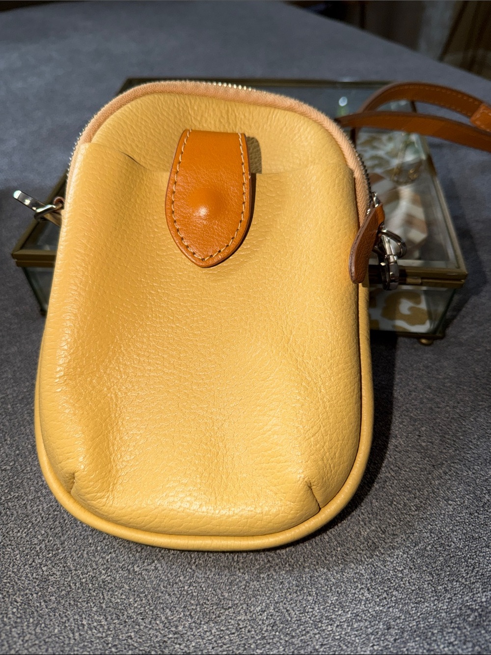 Yellow Leather Crossbody Pouch with Tan Trim